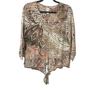 Chico’s women's size 1(8/M) brown print tie hem 3/4 sleeve v neck top